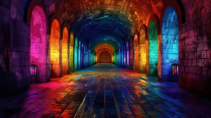 Fototapeta premium A tunnel painted with various shades of purple, red, green, and blue
