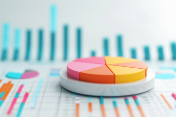 Colorful  pie chart with blurred bar graphs in the background, representing financial data, business analysis, and statistical information.