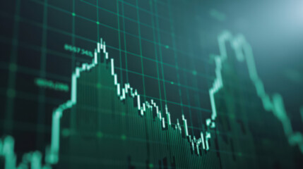 Close-up of a stock market graph showing green and black diagrams indicating financial data trends and stock price fluctuations.