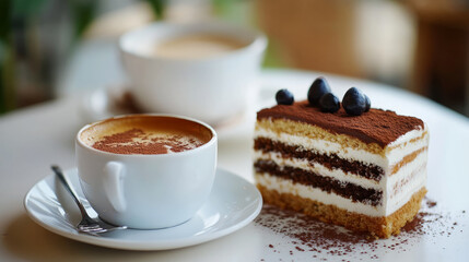 A Cakes and hot coffee are placed on a white table