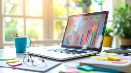 Contemporary modern workspace showcasing a laptop alongside insightful data visualization graphs to enhance productivity and analytics
