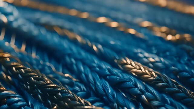 Video footage of  close up of a blue rope with a braided texture, focus is on the intricate details and patterns created by the strands