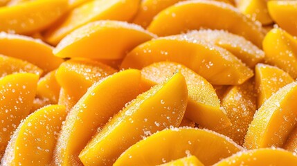   Close-up view of sliced mangoes with sugar on both peels