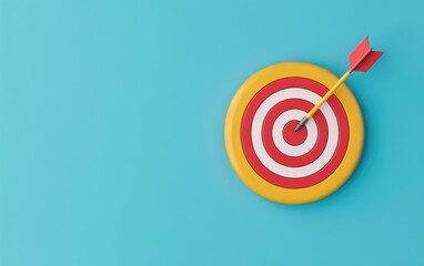 Minimalist target with red arrow hitting the bullseye on a blue background, symbolizing precision, accuracy, and goal achievement.