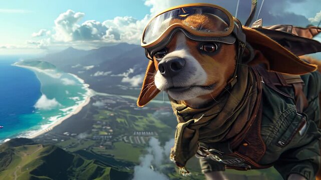 Adventurous dog skydiving coastal scenery
