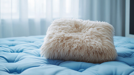 A soft pillow is placed on the blue mattress.