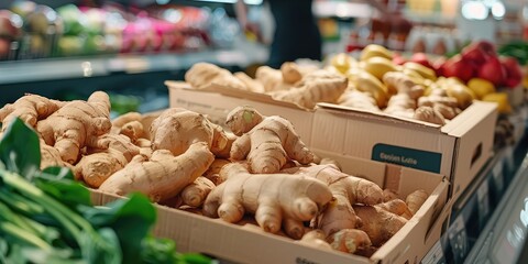 Ginger root in a box on the supermarket counter. Ai generation