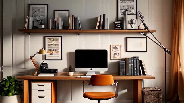 Video footage of neatly organized workspace in a room. The workspace includes a wooden desk with various items on