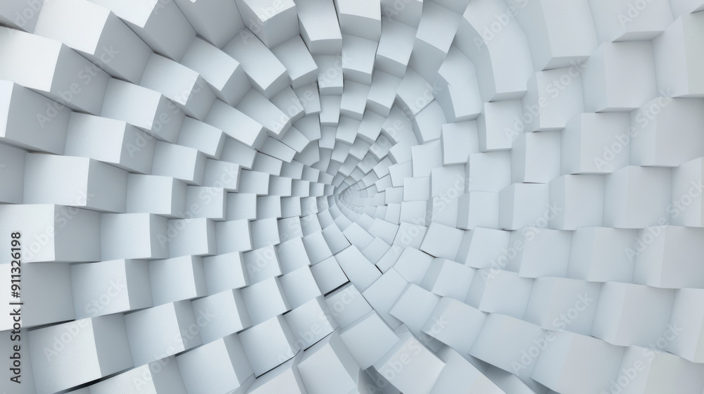 Poster abstract spiral pattern with white cubic structures creating a hypnotic visual effect, suitable for 