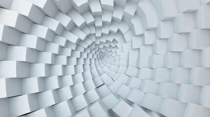 Abstract  spiral pattern with white cubic structures creating a hypnotic visual effect, suitable for modern design backgrounds and artistic concepts.