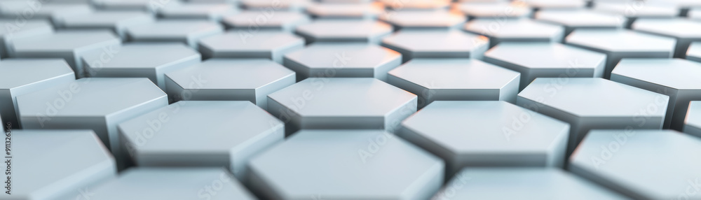 Poster close-up view of a futuristic hexagonal pattern in soft lighting, showcasing a modern and geometric 