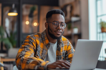 Fototapeta premium Coworking space. An African American student works at a laptop.