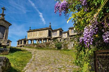 The communitarian granaries, called espigueiros, in the village of Lindoso, Peneda National Park,...