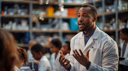 Instructor in Lab Coat Teaching Students in Science Class