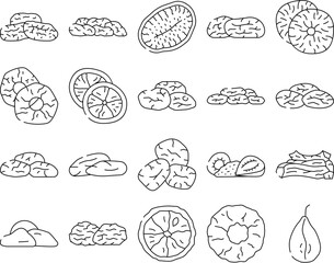 fruit dry snack nut mix icons set vector. food healthy, bowl top, organic fig, apricot sweet, cashew wooden, seed nutrition fruit dry snack nut mix black contour illustrations