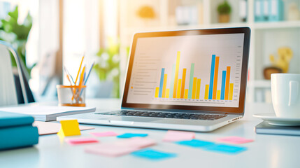 Contemporary modern workspace showcasing a laptop alongside insightful data visualization graphs to enhance productivity and analytics