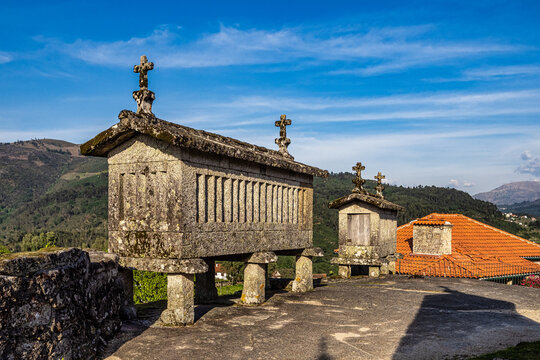 The communitarian granaries, called espigueiros, in the village of Soajo, Peneda National Park, Northern Portugal