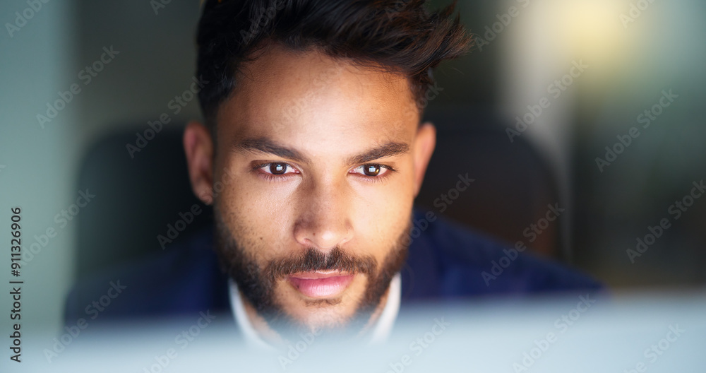 Aufkleber thinking, late and man in office, laptop and test of software for cybersecurity, programmer and nigh