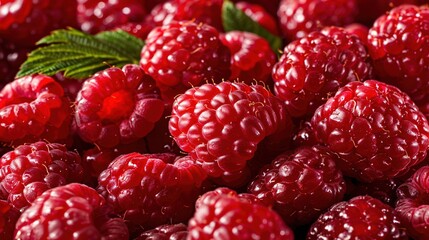   Close-up photo of several raspberries with green leaf on top