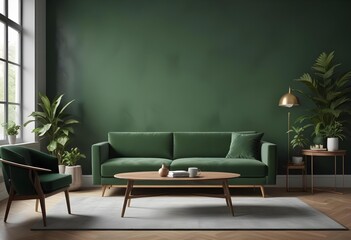 Fototapeta premium Digital painting, A green velvet sofa with a wooden coffee table in a modern living room with green walls and minimalist decor