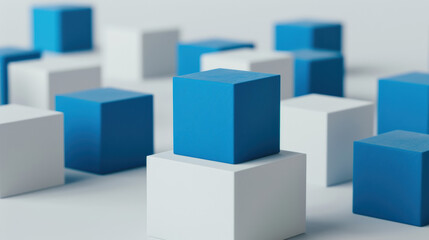 Abstract image of blue and white cubes arranged in a geometric pattern on a white background, symbolizing order, structure, and modern design.