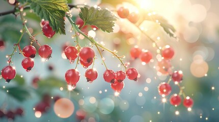   A high-resolution image of a close-up of several ripe berries on a tree branch, with water droplets glistening on the surrounding foliage, all under © Sonya