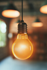 Warmly lit vintage bulb hanging from ceiling in a cozy ambient setting, creating a nostalgic and inviting atmosphere with a soft and gentle glow.