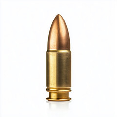 A detailed close-up of a single brass bullet standing upright, isolated on a white background