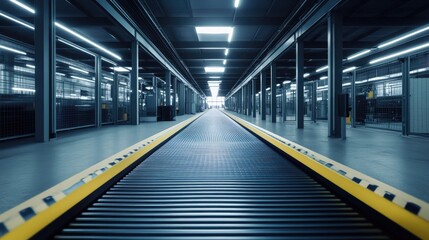 Fototapeta premium Empty modern conveyor belt in a brightly lit factory plant, ready for production.
