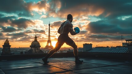 Boxer Training on Paris Rooftop at Sunrise