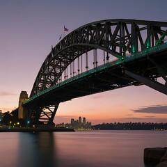 Naklejka premium Beautiful shot of the Sydney harbor bridge with a light pink and blue sky
