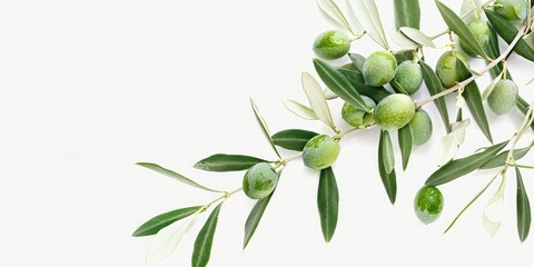 Green olive on branch with green leaves on white background. Ai generation