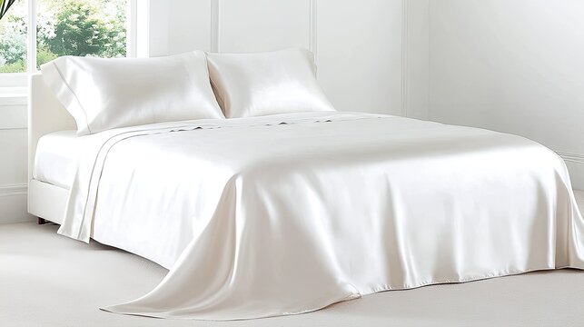 A neatly made white bed featuring luxurious silk bedding in a bright, minimalist bedroom with ample natural light