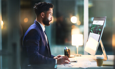 Businessman, computer typing and office for stock broker, project graphic and research website....