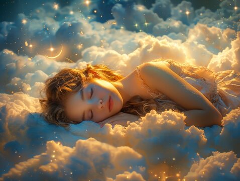 world sleep day. person peacefully sleeping amidst fluffy clouds, with stars twinkling above and a crescent moon casting its gentle glow.