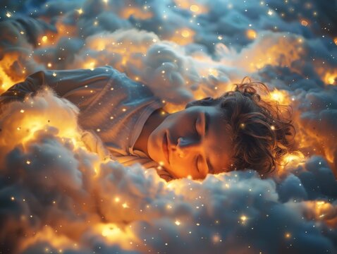 world sleep day. person peacefully sleeping amidst fluffy clouds, with stars twinkling above and a crescent moon casting its gentle glow.