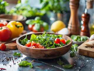 Freshly Prepared Salad Featuring Spinach, Tomatoes, and Herbs With Kitchen Ingredients in Natural Light