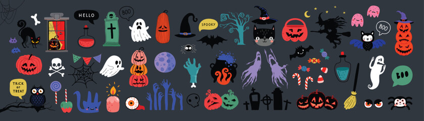 Halloween graphic elements - pumpkins, ghosts, zombie, owl, cat, candy and others. Hand drawn set. Vector illustration.
