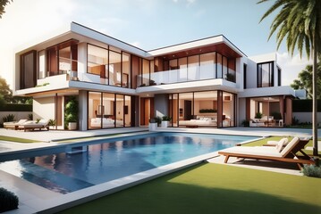 Fototapeta premium Luxury beach house with sea view swimming pool and terrace in modern design. 3d illustration of contemporary holiday villa exterior. 