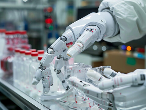 Advanced Robotic Hand Manipulating Laboratory Equipment in a High-Tech Research Facility