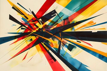 A dynamic explosion of intersecting lines and shapes, bold primary colors, suggesting rapid motion, Constructivist style