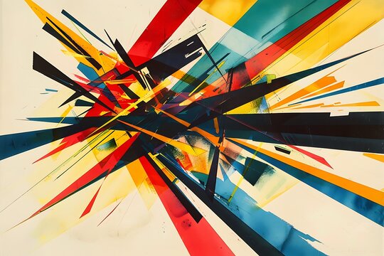 A dynamic explosion of intersecting lines and shapes, bold primary colors, suggesting rapid motion, Constructivist style