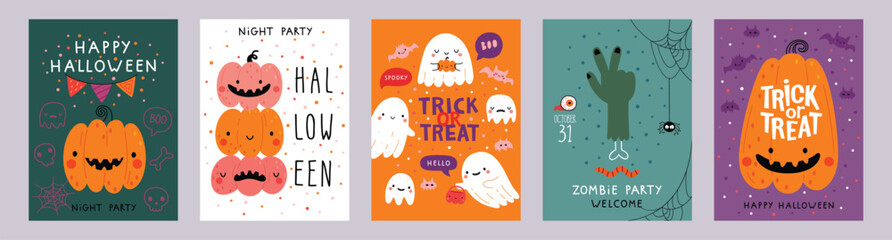 Halloween hand drawn invitation or greeting Cards set. Graphic elements - pumpkins, ghosts, zombie, candy and others. Vector illustration.