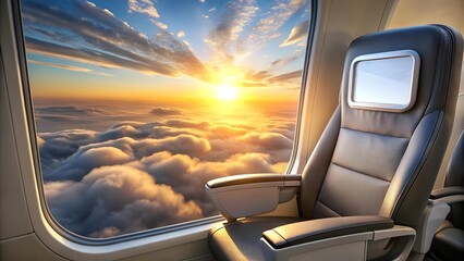 Sunrise Over the Clouds: A Modern Airplane Seat with a Blank Screen  generative AI