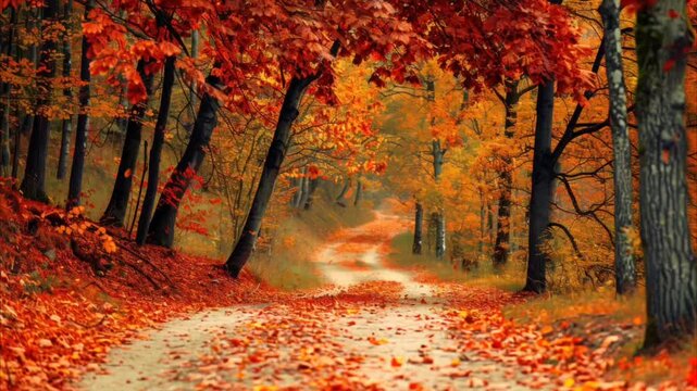 Autumn forest path covered with fallen leaves. Seamless looping time-lapse video background