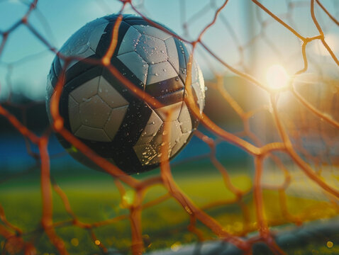 Soccer Ball Hitting Net During Match at Sunset in Local Stadium