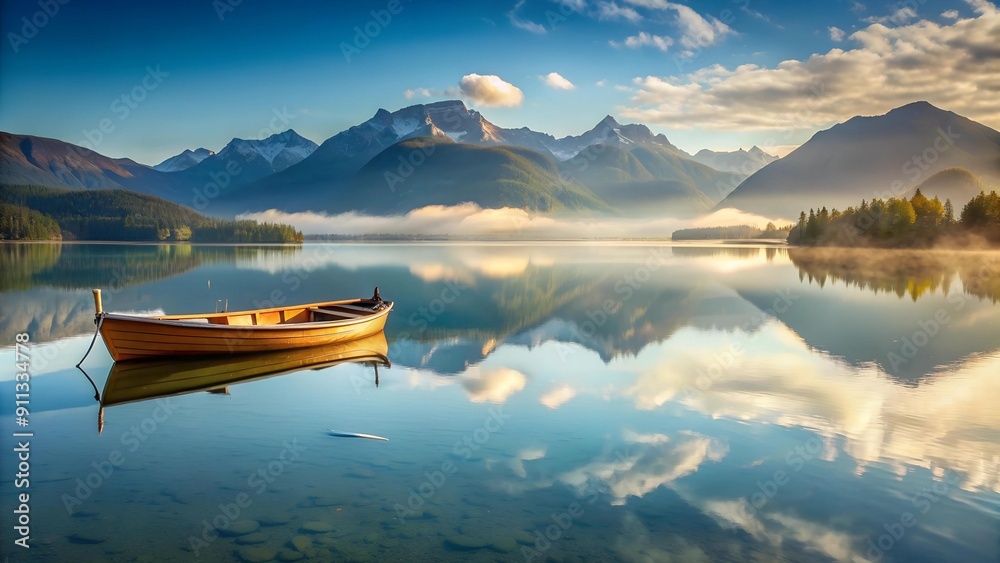 Canvas Prints Serene Reflection: A Boat Adrift on a Tranquil Lake Surrounded by Majestic Mountains  Generative AI