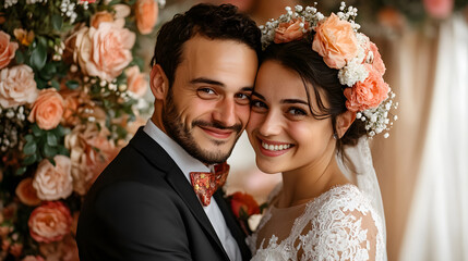 Bride and groom in a themed photo booth at their wedding
