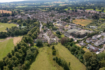 Aerial drone photo of the beautiful town of Masham, Ripon in North Yorkshire in the UK showing the British countryside town from above in the summer time