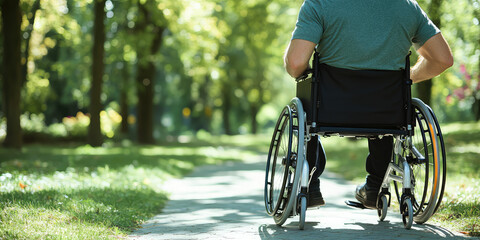 Naklejka premium Close-up of a man moving through the park in a wheelchair. Citizens with low mobility, accessible environment